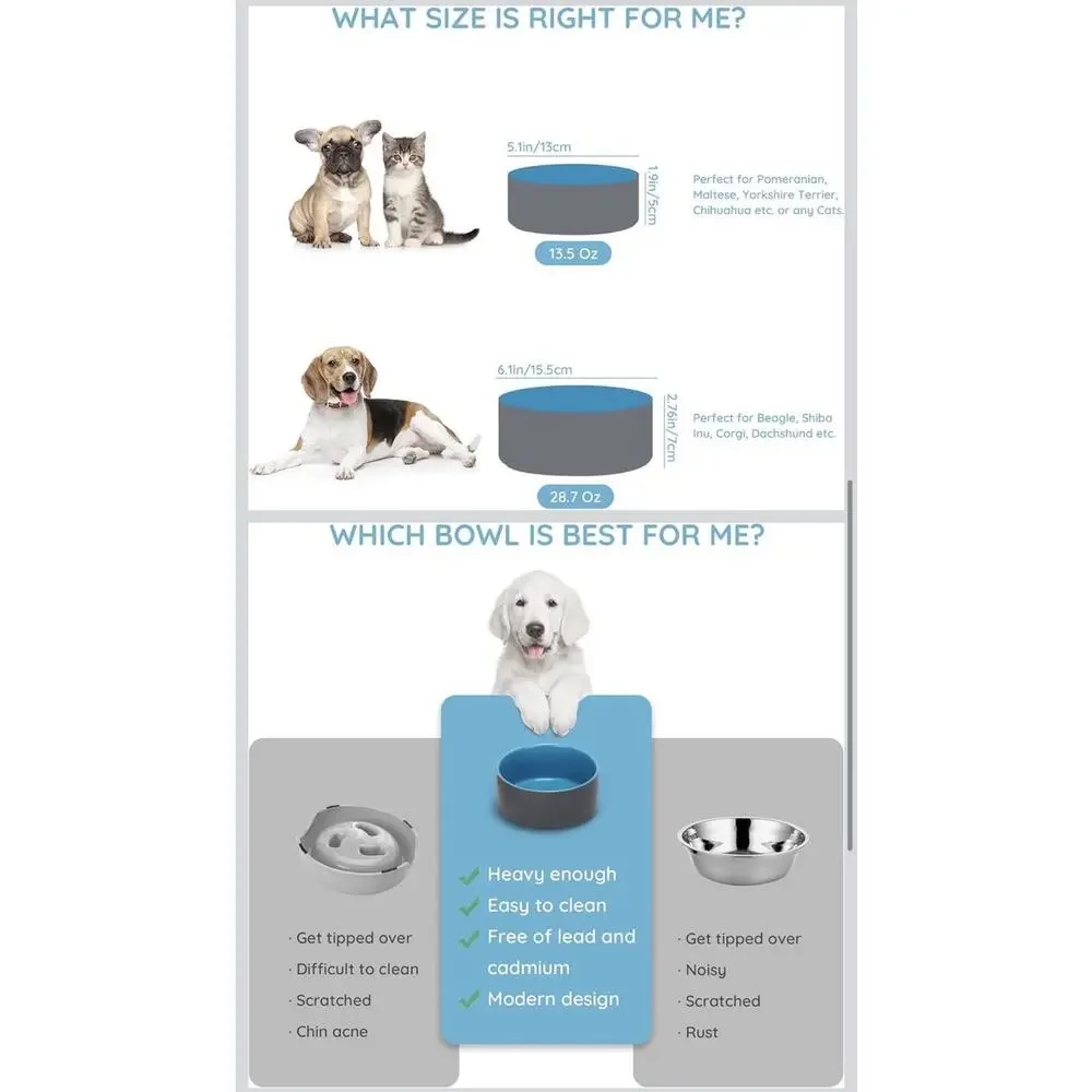 SPUNKYJUNKY Ceramic Dog Cat Bowl 13.5oz Weighted Pet Food Water Dish